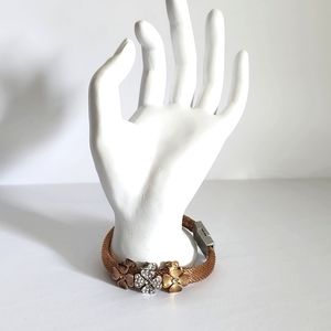 Rose Gold Tone Three Flower Magnetic Clasp Bracelet